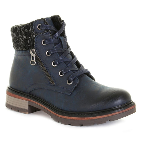 Navy ankle boot with burnished synthetic leather, outer decorative zipper, fleece lining, and sweater cuff. Lace-up and zip closure, waterproof and vegan. Style #T20642-N30