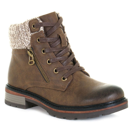 Dark tan ankle boot with distressed vegan synthetic leather, outer decorative zipper, cozy fleece lining, and ribbed sweater-style collar. Waterproof with lace-up and inner zipper closure. Style #T20642-T2E