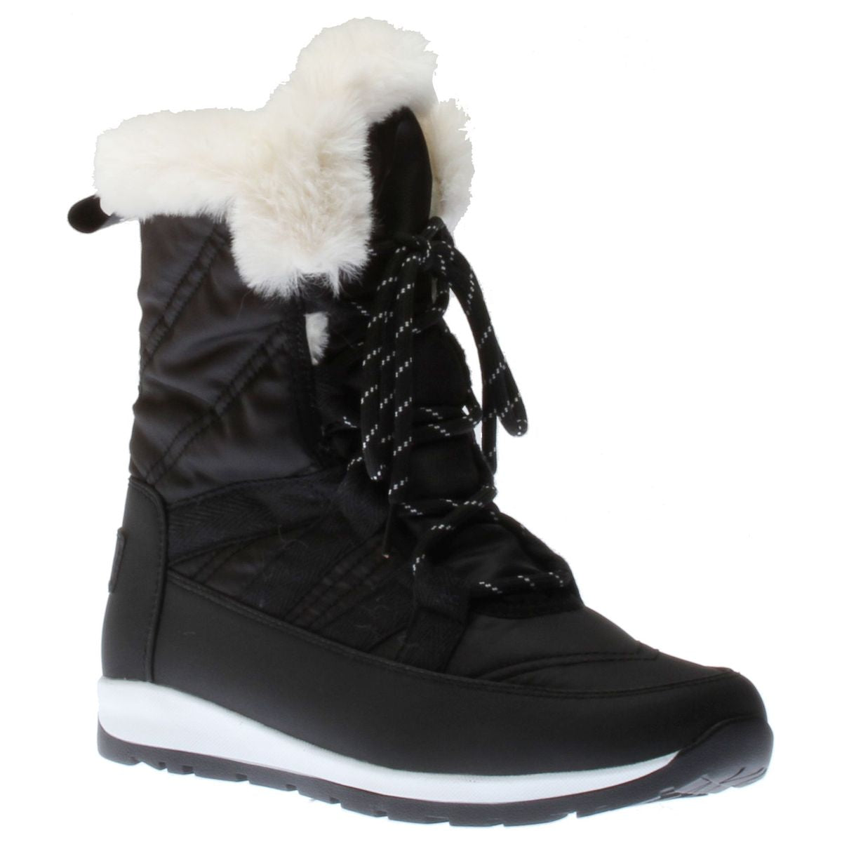 Black quilted lace-up winter boot with white faux fur cuff, white midsole, and black sole. Style # T22747-B20.