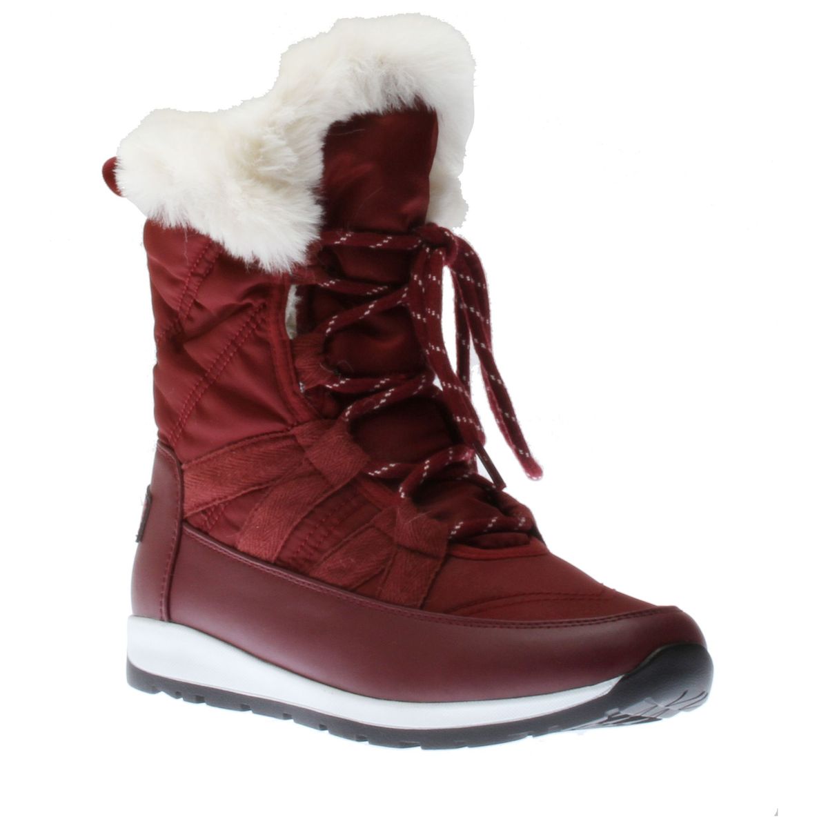Black quilted lace-up winter boot with white faux fur cuff, white midsole, and black sole. Style # T22747-W30