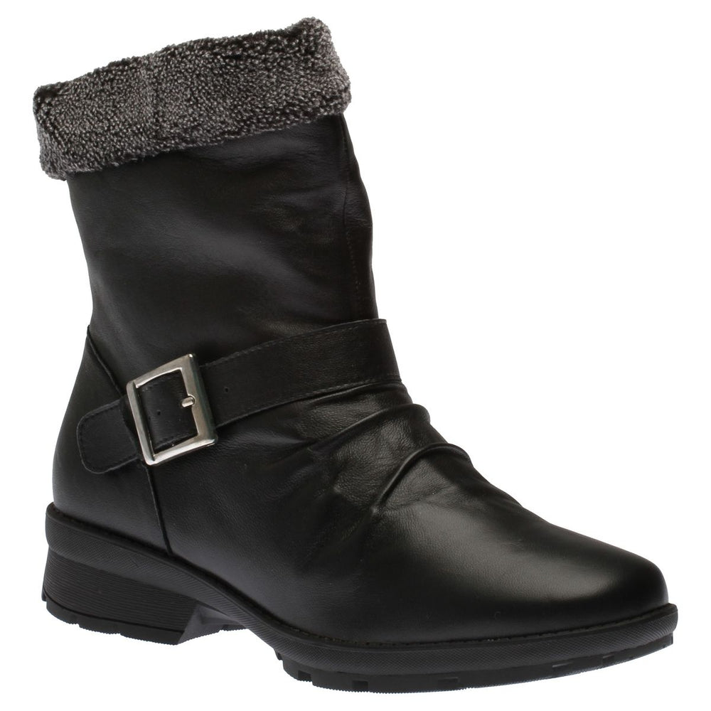 Black faux leather mid-height winter boot with grey sherpa cuff and silver square buckle strap. Style # T18536-B20.