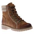 Dark tan vegan lace-up hiker boot with sherpa cuff, white contrast stitching, and lug sole. Style # T22745-T2E.