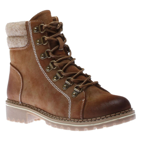 Dark tan vegan lace-up hiker boot with sherpa cuff, white contrast stitching, and lug sole. Style # T22745-T2E.