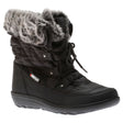 Black quilted nylon lace-up boot for women, with a fluffy grey faux fur cuff and traction outsole. Style # T18653-B20.