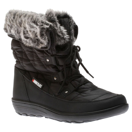 Black quilted nylon lace-up boot for women, with a fluffy grey faux fur cuff and traction outsole. Style # T18653-B20.