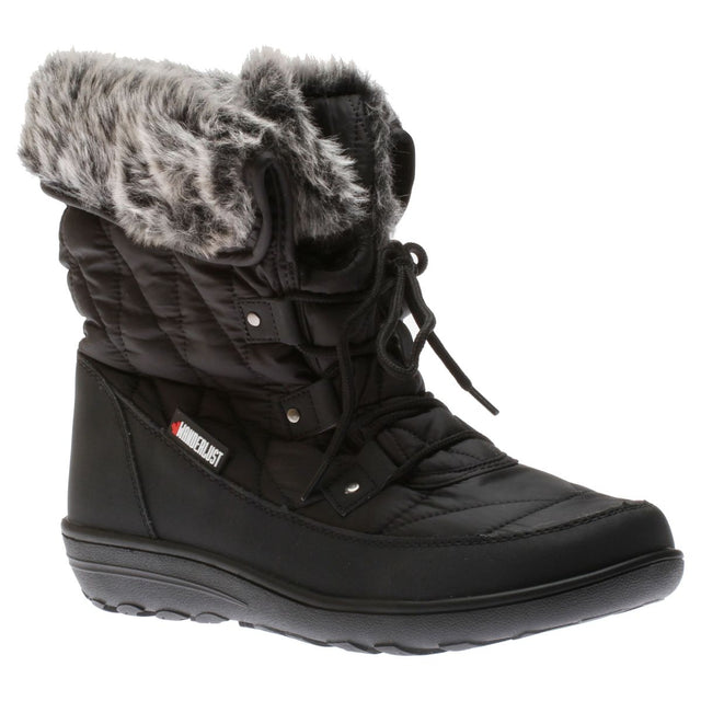 Black quilted nylon lace-up boot for women, with a fluffy grey faux fur cuff and traction outsole. Style # T18653-B20.