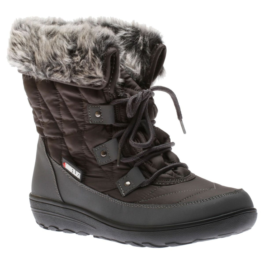 Women's dark grey quilted nylon winter boot with faux fur cuff, lace-up front, and black outsole. Style # T18653-G60.