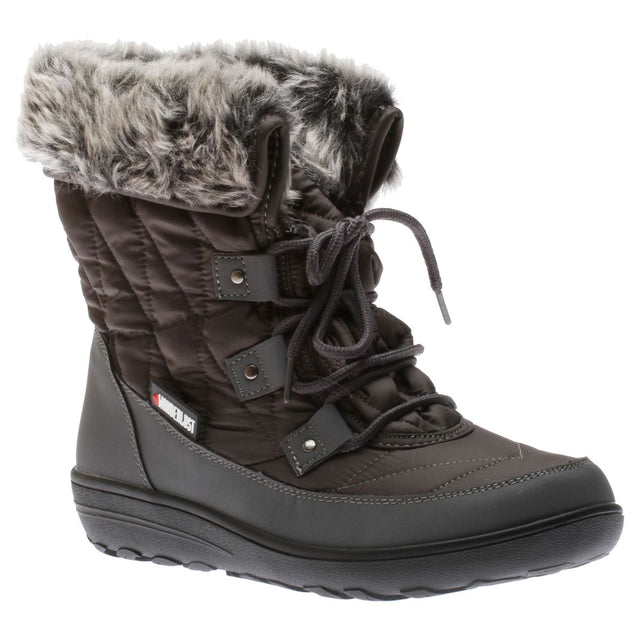 Women's dark grey quilted nylon winter boot with faux fur cuff, lace-up front, and black outsole. Style # T18653-G60.