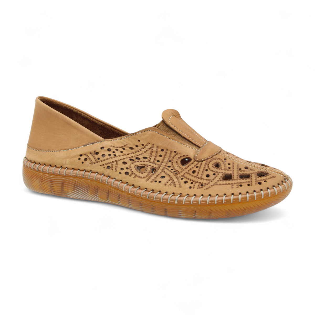 Tan coconut perforated leather comfort slip-on shoe with white stitching detail and flexible sole. Style #S5552
