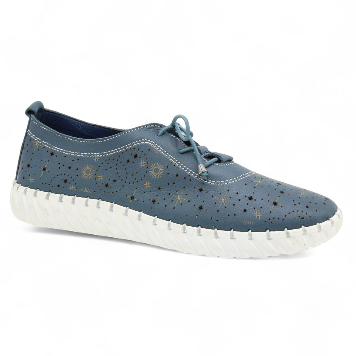 Navy blue perforated leather casual shoe with starburst print, elastic lace closure, and thick white stitched sole. Style #S5561