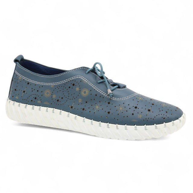 Navy blue perforated leather casual shoe with starburst print, elastic lace closure, and thick white stitched sole. Style #S5561