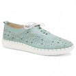 Women's teal leather lace-up casual shoe with perforated sunburst and star pattern details and a thick white stitched rubber sole. Style # S5561.