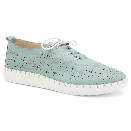 Women's teal leather lace-up casual shoe with perforated sunburst and star pattern details and a thick white stitched rubber sole. Style # S5561.