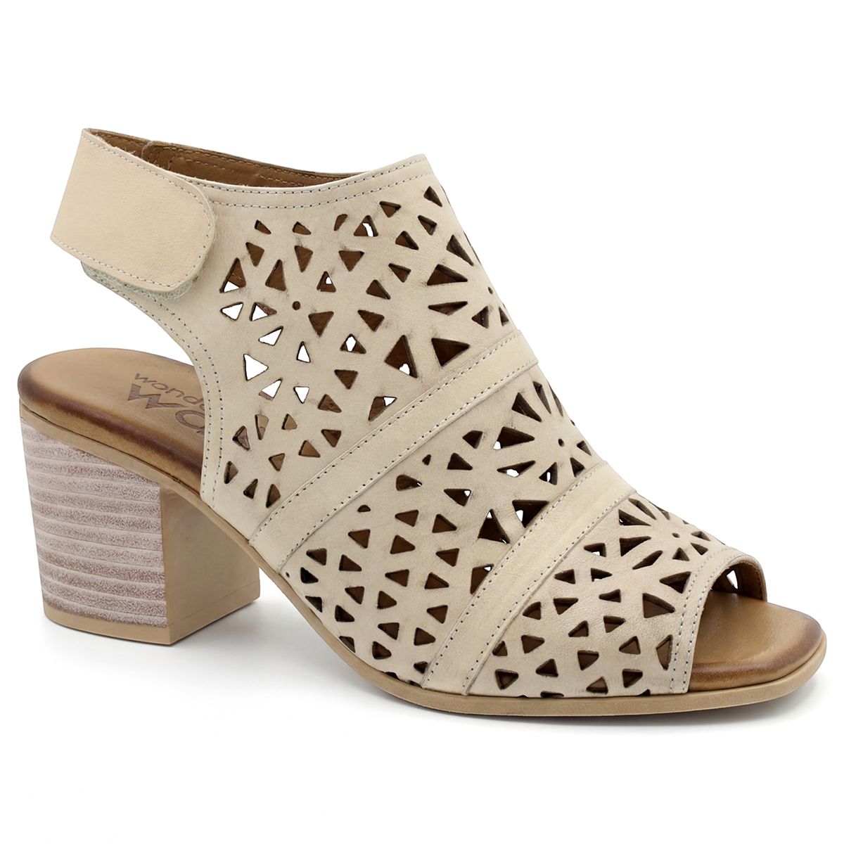 Beige open-toe sandal with geometric laser-cut patterns, an adjustable ankle strap, and a stacked block heel. Style #S8514.